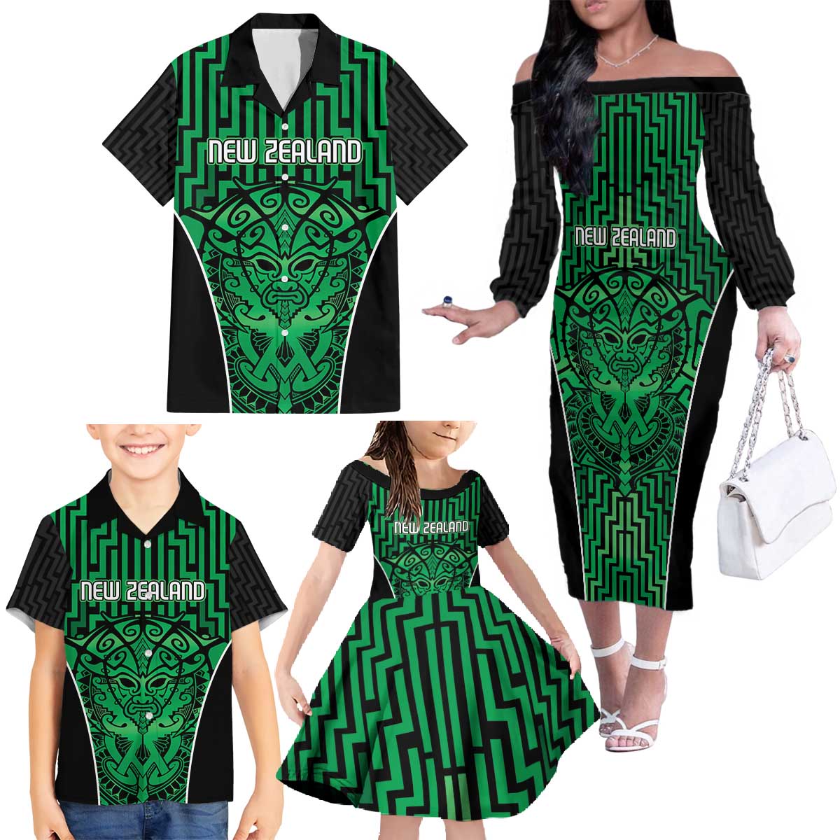 Custom Basketball New Zealand Family Matching Off The Shoulder Long Sleeve Dress and Hawaiian Shirt Green Maori Ta Moko Indigenous - Aussie Hoodie