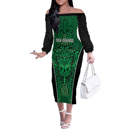 Custom Basketball New Zealand Family Matching Off The Shoulder Long Sleeve Dress and Hawaiian Shirt Green Maori Ta Moko Indigenous - Aussie Hoodie