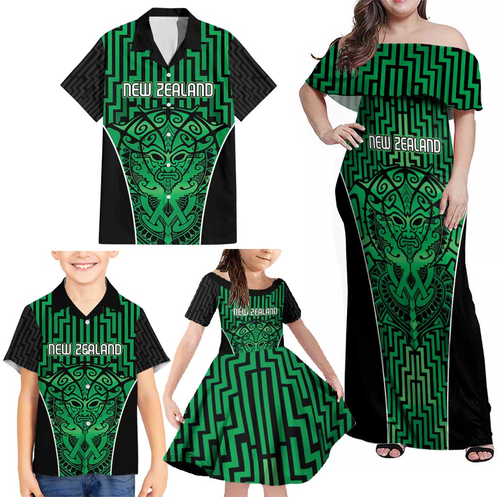 Custom Basketball New Zealand Family Matching Off Shoulder Maxi Dress and Hawaiian Shirt Green Maori Ta Moko Indigenous - Aussie Hoodie