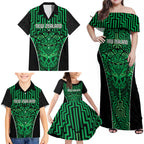 Custom Basketball New Zealand Family Matching Off Shoulder Maxi Dress and Hawaiian Shirt Green Maori Ta Moko Indigenous - Aussie Hoodie