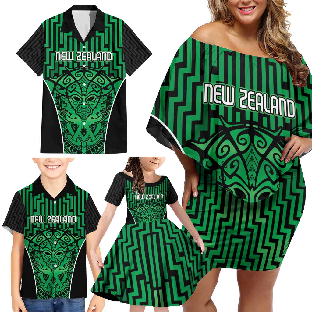 Custom Basketball New Zealand Family Matching Off Shoulder Short Dress and Hawaiian Shirt Green Maori Ta Moko Indigenous - Aussie Hoodie