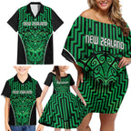 Custom Basketball New Zealand Family Matching Off Shoulder Short Dress and Hawaiian Shirt Green Maori Ta Moko Indigenous - Aussie Hoodie