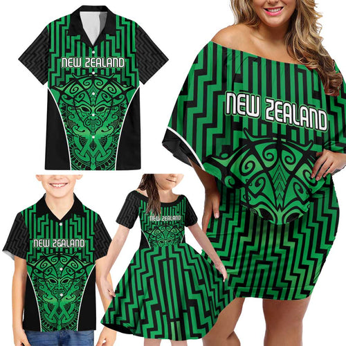 Custom Basketball New Zealand Family Matching Off Shoulder Short Dress and Hawaiian Shirt Green Maori Ta Moko Indigenous - Aussie Hoodie