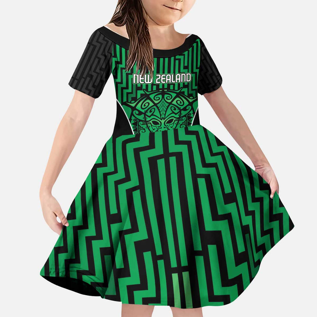Custom Basketball New Zealand Kid Short Sleeve Dress Green Maori Ta Moko Indigenous - Aussie Hoodie
