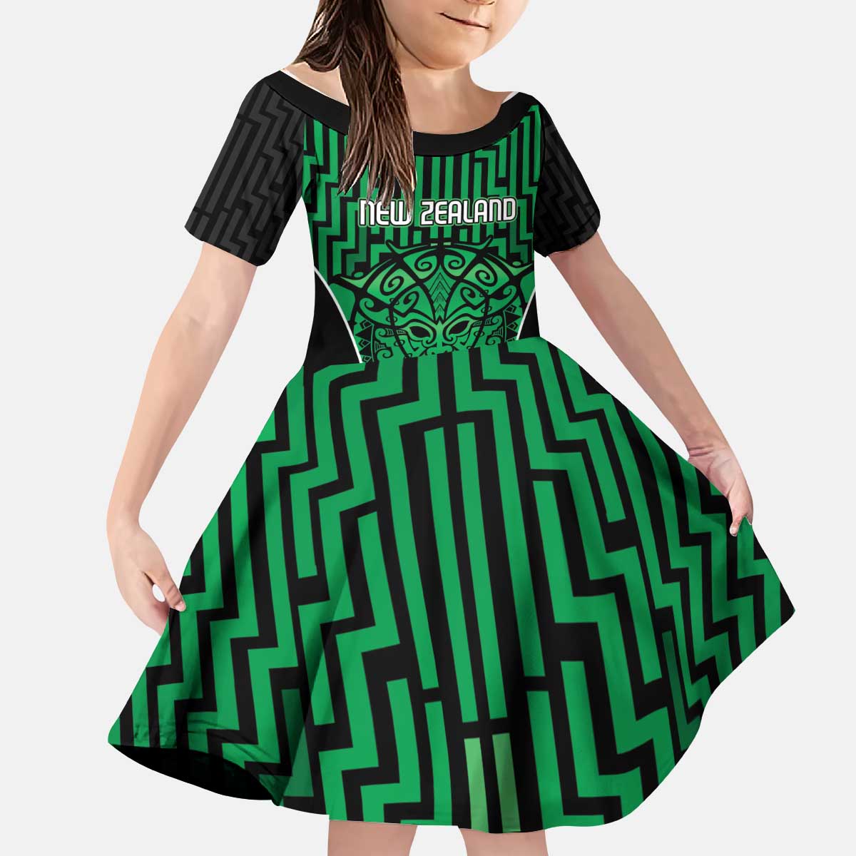 Custom Basketball New Zealand Kid Short Sleeve Dress Green Maori Ta Moko Indigenous - Aussie Hoodie