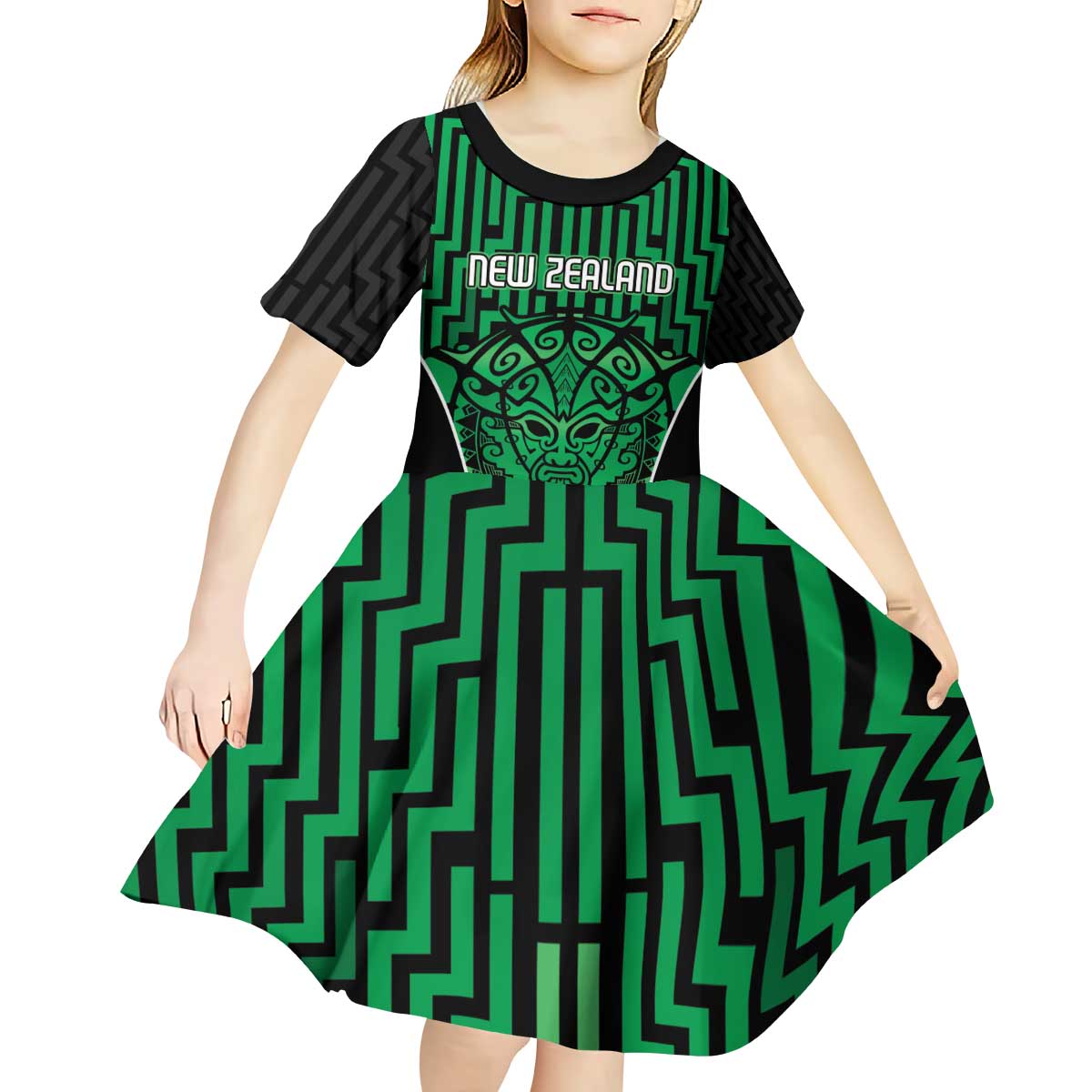 Custom Basketball New Zealand Kid Short Sleeve Dress Green Maori Ta Moko Indigenous - Aussie Hoodie