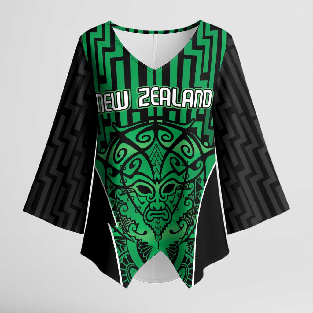 Custom Basketball New Zealand Kimono Sleeve Blouse Green Maori Ta Moko Indigenous - Aussie Hoodie