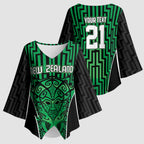 Custom Basketball New Zealand Kimono Sleeve Blouse Green Maori Ta Moko Indigenous - Aussie Hoodie
