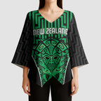 Custom Basketball New Zealand Kimono Sleeve Blouse Green Maori Ta Moko Indigenous - Aussie Hoodie