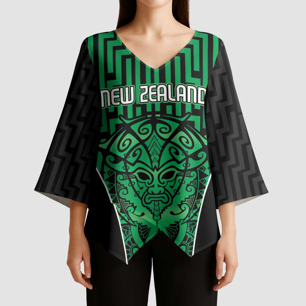 Custom Basketball New Zealand Kimono Sleeve Blouse Green Maori Ta Moko Indigenous - Aussie Hoodie
