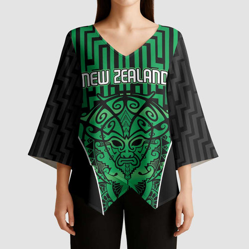 Custom Basketball New Zealand Kimono Sleeve Blouse Green Maori Ta Moko Indigenous - Aussie Hoodie