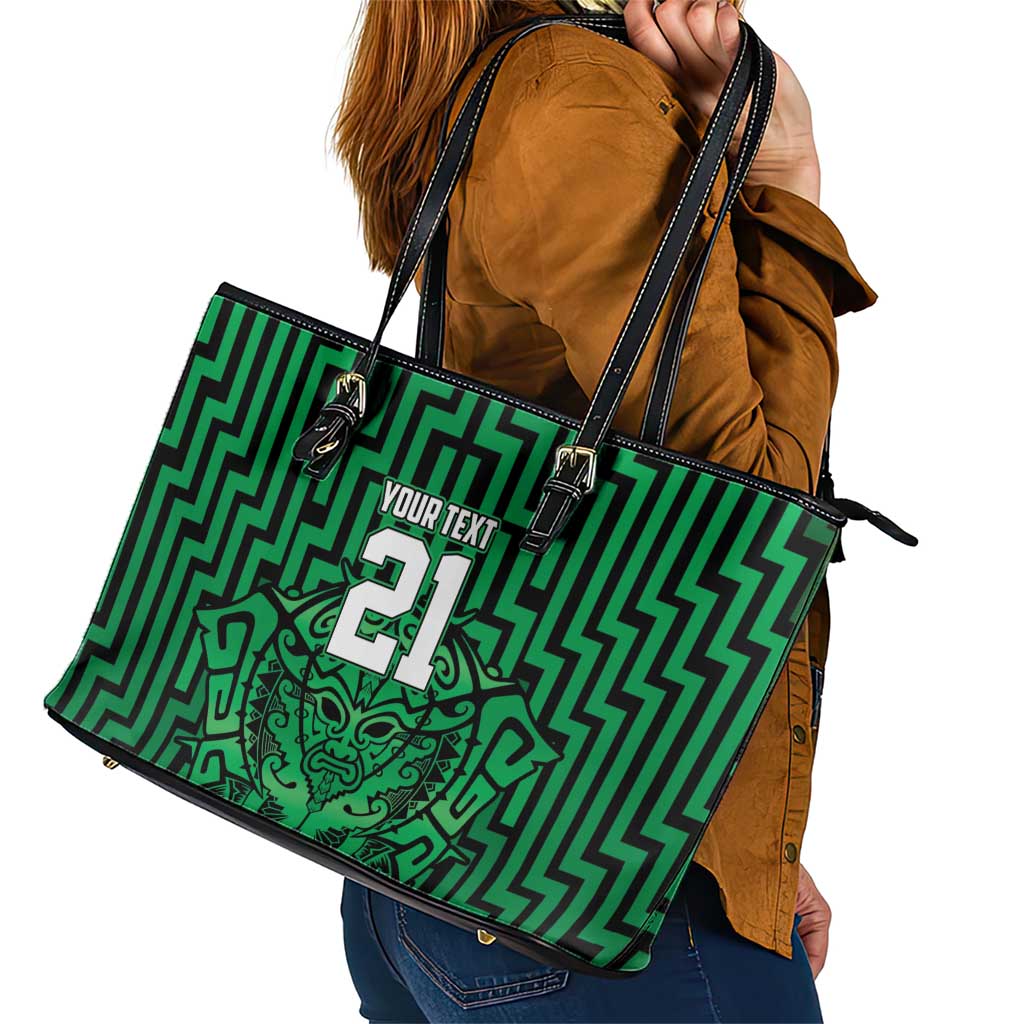Custom Basketball New Zealand Leather Tote Bag Green Maori Ta Moko Indigenous - Aussie Hoodie