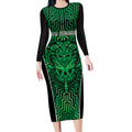 Custom Basketball New Zealand Long Sleeve Bodycon Dress Green Maori Ta Moko Indigenous - Aussie Hoodie