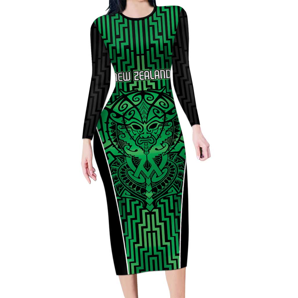 Custom Basketball New Zealand Long Sleeve Bodycon Dress Green Maori Ta Moko Indigenous - Aussie Hoodie