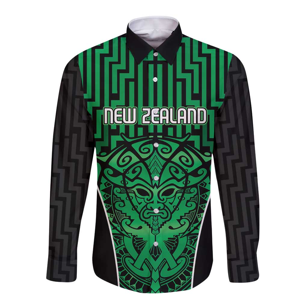 Custom Basketball New Zealand Long Sleeve Button Shirt Green Maori Ta Moko Indigenous - Aussie Hoodie
