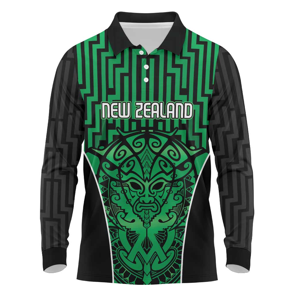 Custom Basketball New Zealand Long Sleeve Polo Shirt Green Maori Ta Moko Indigenous - Aussie Hoodie
