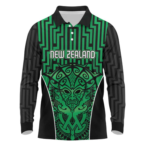 Custom Basketball New Zealand Long Sleeve Polo Shirt Green Maori Ta Moko Indigenous - Aussie Hoodie