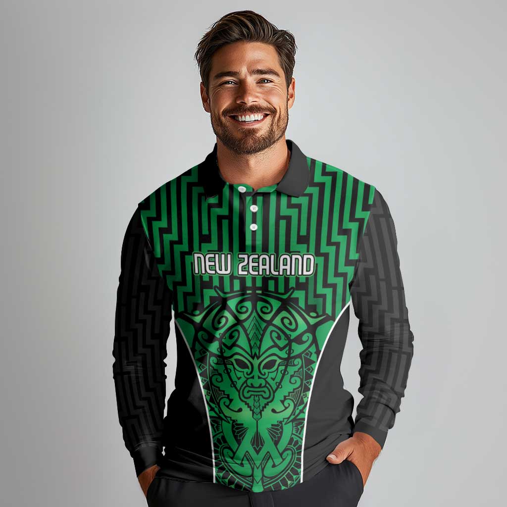 Custom Basketball New Zealand Long Sleeve Polo Shirt Green Maori Ta Moko Indigenous - Aussie Hoodie