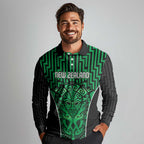 Custom Basketball New Zealand Long Sleeve Polo Shirt Green Maori Ta Moko Indigenous - Aussie Hoodie