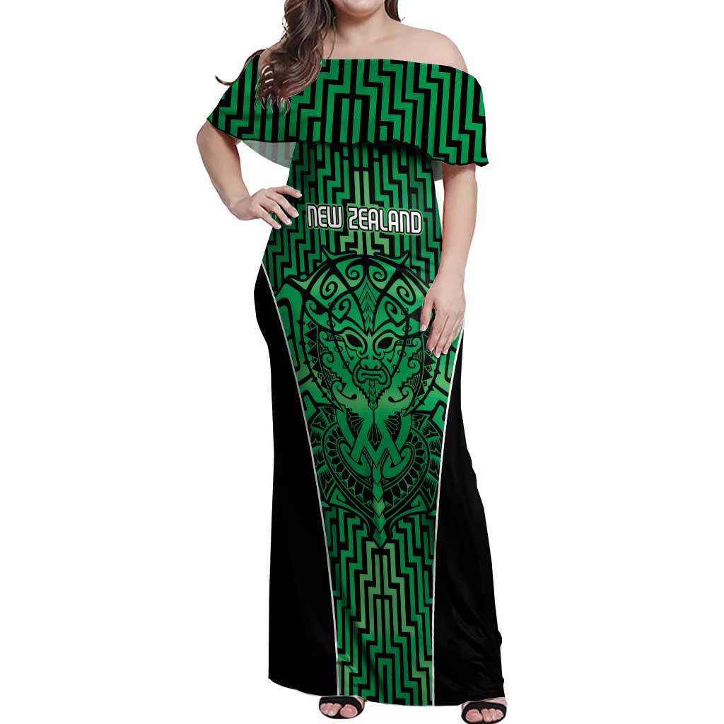 Custom Basketball New Zealand Off Shoulder Maxi Dress Green Maori Ta Moko Indigenous - Aussie Hoodie