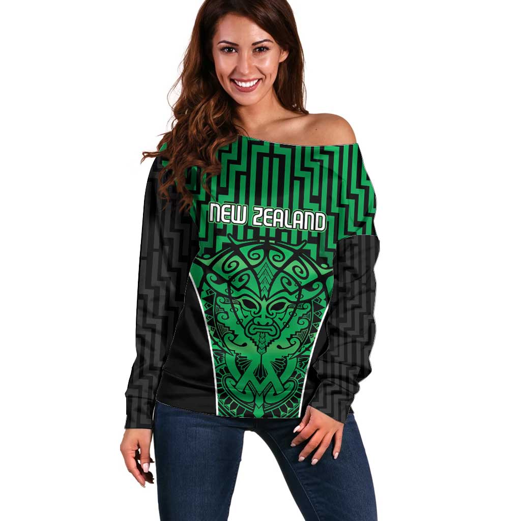 Custom Basketball New Zealand Off Shoulder Sweater Green Maori Ta Moko Indigenous - Aussie Hoodie