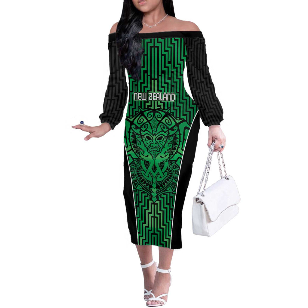 Custom Basketball New Zealand Off The Shoulder Long Sleeve Dress Green Maori Ta Moko Indigenous - Aussie Hoodie