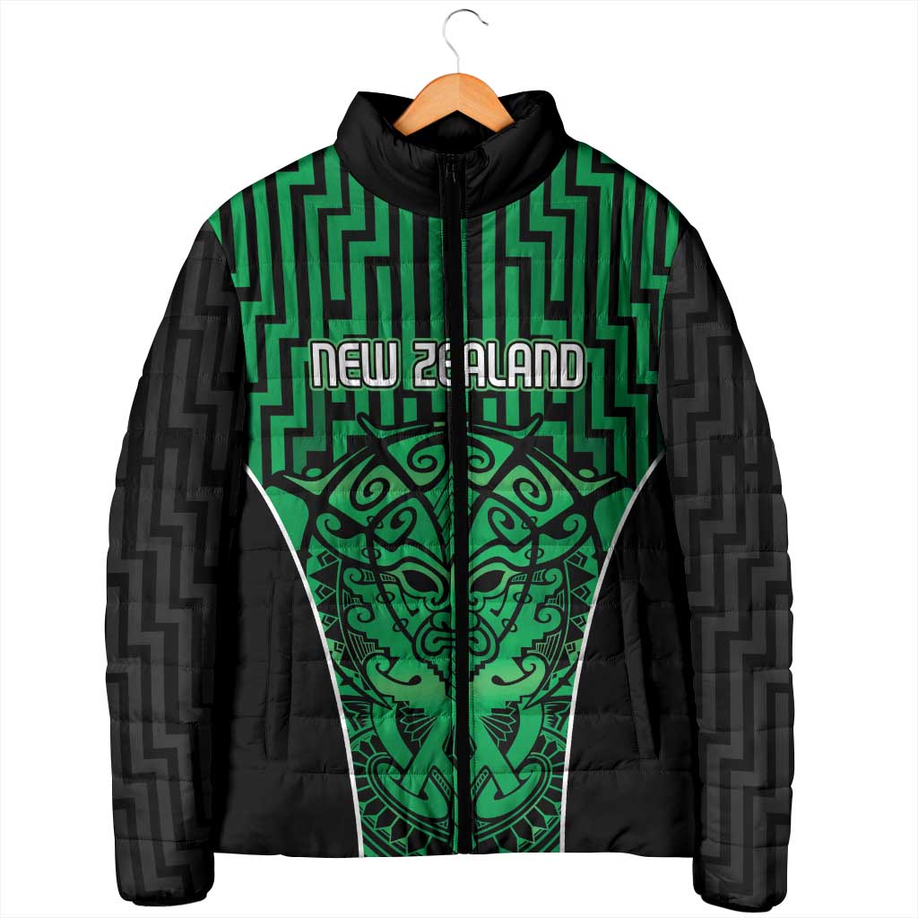 Custom Basketball New Zealand Padded Jacket Green Maori Ta Moko Indigenous - Aussie Hoodie