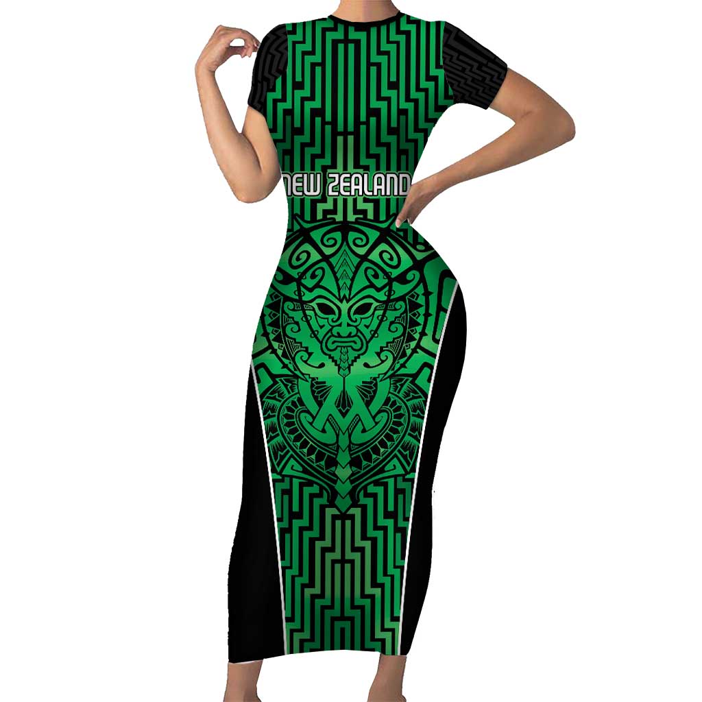 Custom Basketball New Zealand Short Sleeve Bodycon Dress Green Maori Ta Moko Indigenous - Aussie Hoodie