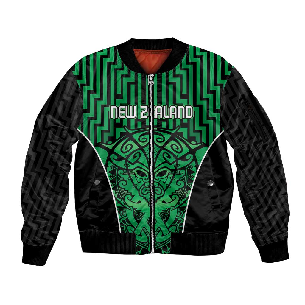 Custom Basketball New Zealand Sleeve Zip Bomber Jacket Green Maori Ta Moko Indigenous - Aussie Hoodie