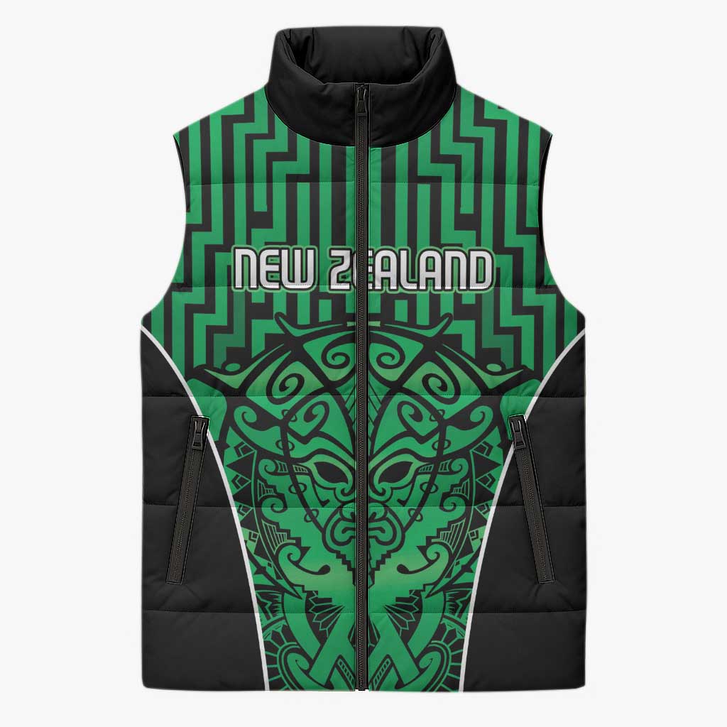 Custom Basketball New Zealand Sleeveless Puffer Jacket Green Maori Ta Moko Indigenous - Aussie Hoodie