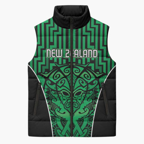 Custom Basketball New Zealand Sleeveless Puffer Jacket Green Maori Ta Moko Indigenous - Aussie Hoodie
