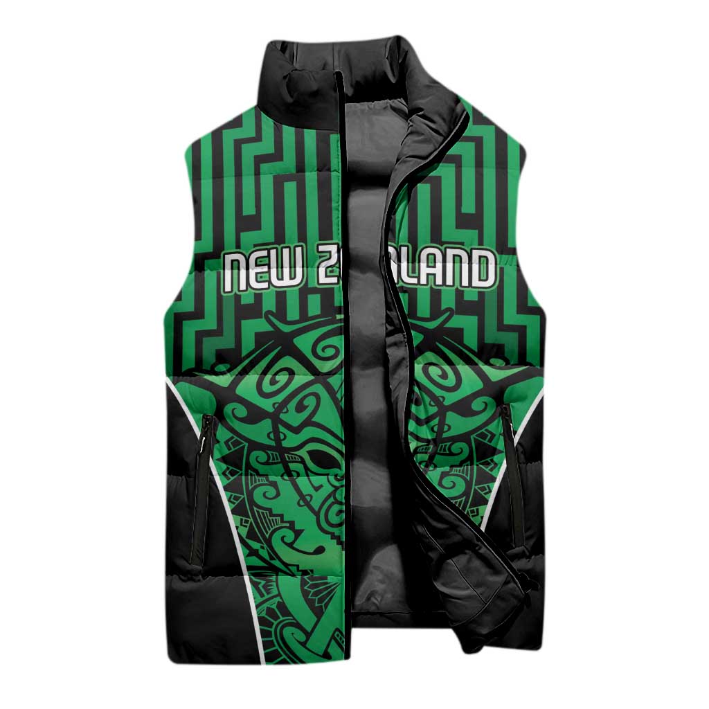 Custom Basketball New Zealand Sleeveless Puffer Jacket Green Maori Ta Moko Indigenous - Aussie Hoodie