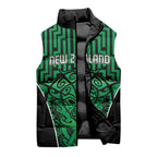 Custom Basketball New Zealand Sleeveless Puffer Jacket Green Maori Ta Moko Indigenous - Aussie Hoodie