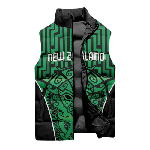 Custom Basketball New Zealand Sleeveless Puffer Jacket Green Maori Ta Moko Indigenous - Aussie Hoodie
