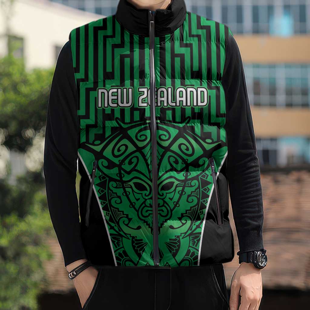 Custom Basketball New Zealand Sleeveless Puffer Jacket Green Maori Ta Moko Indigenous - Aussie Hoodie