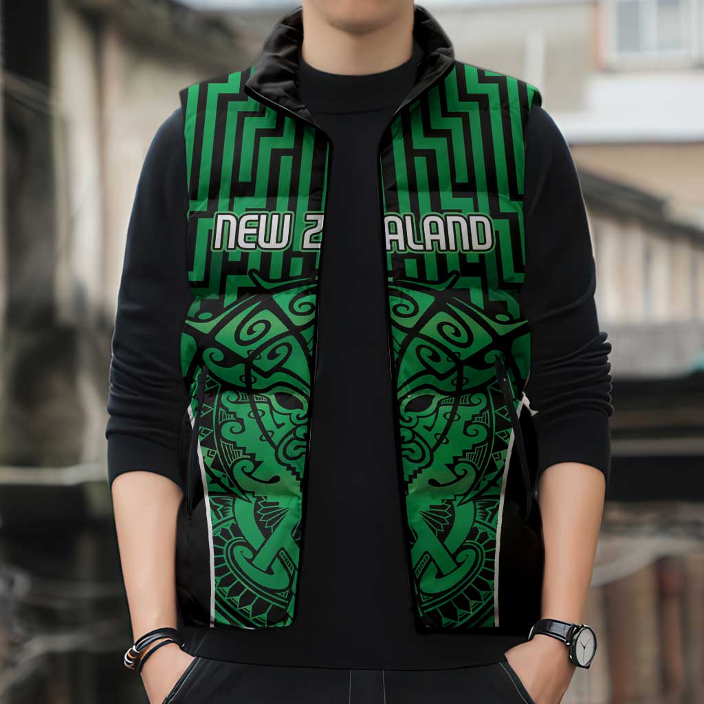 Custom Basketball New Zealand Sleeveless Puffer Jacket Green Maori Ta Moko Indigenous - Aussie Hoodie