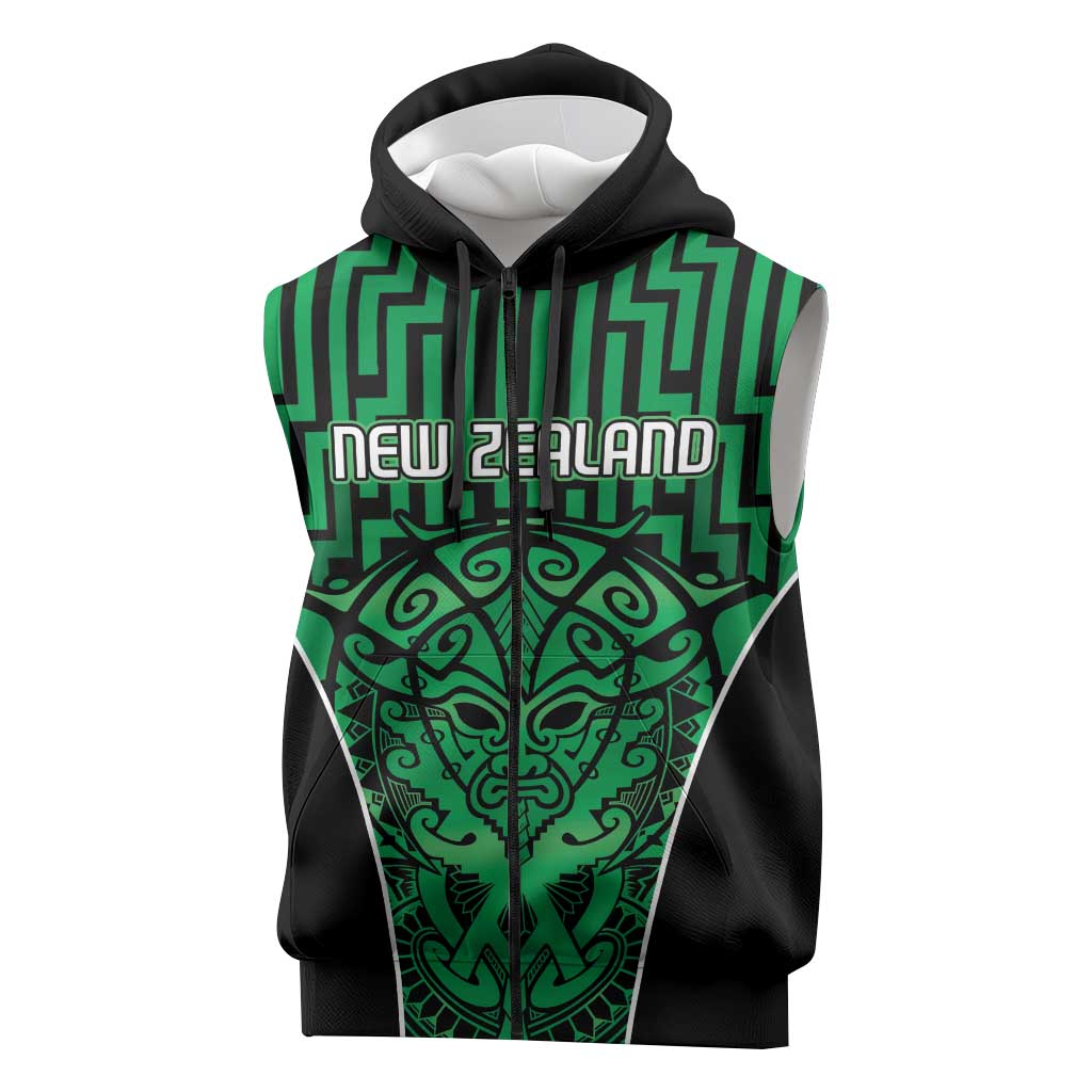 Custom Basketball New Zealand Sleeveless Zip Hoodie Green Maori Ta Moko Indigenous LT9