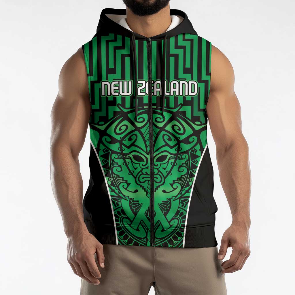 Custom Basketball New Zealand Sleeveless Zip Hoodie Green Maori Ta Moko Indigenous LT9