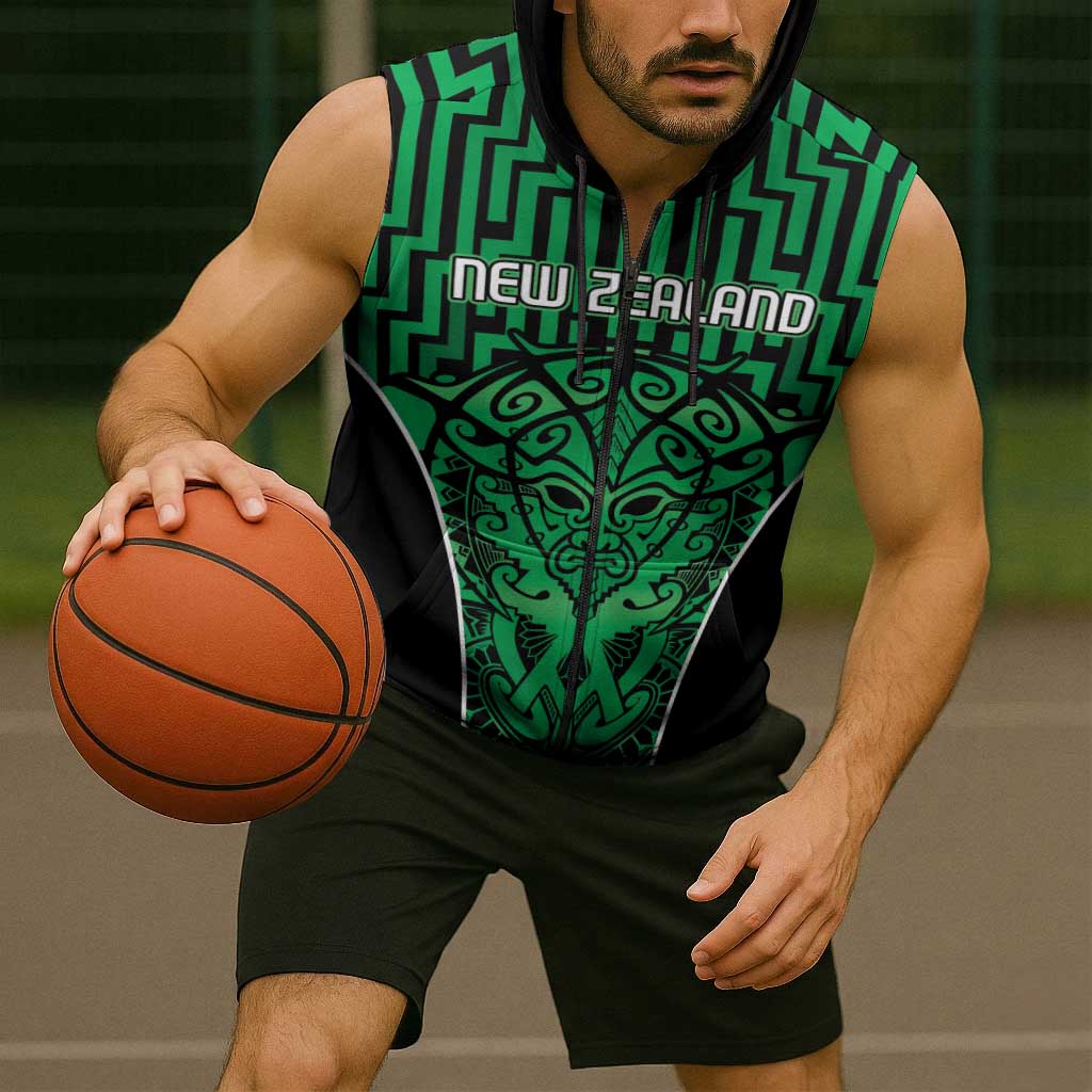 Custom Basketball New Zealand Sleeveless Zip Hoodie Green Maori Ta Moko Indigenous LT9