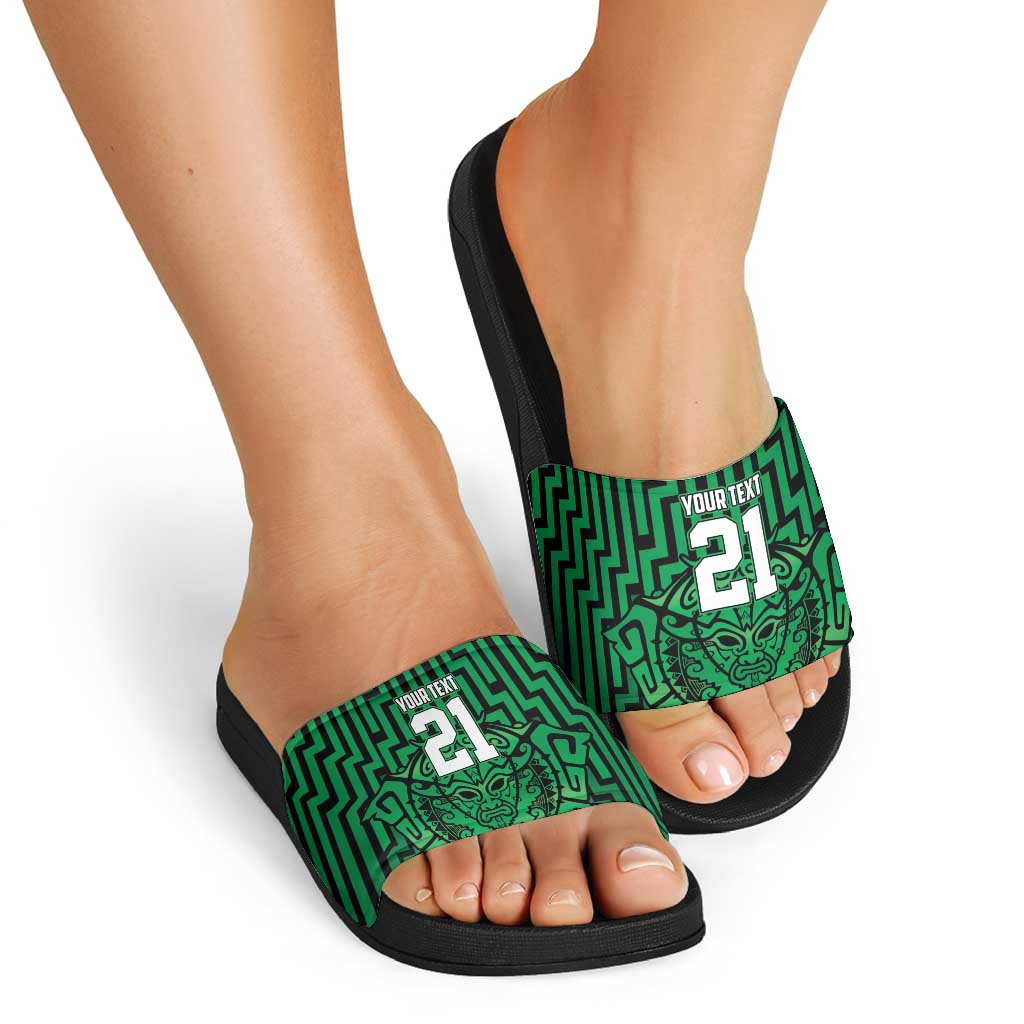 Custom Basketball New Zealand Slide Sandals Green Maori Ta Moko Indigenous - Aussie Hoodie