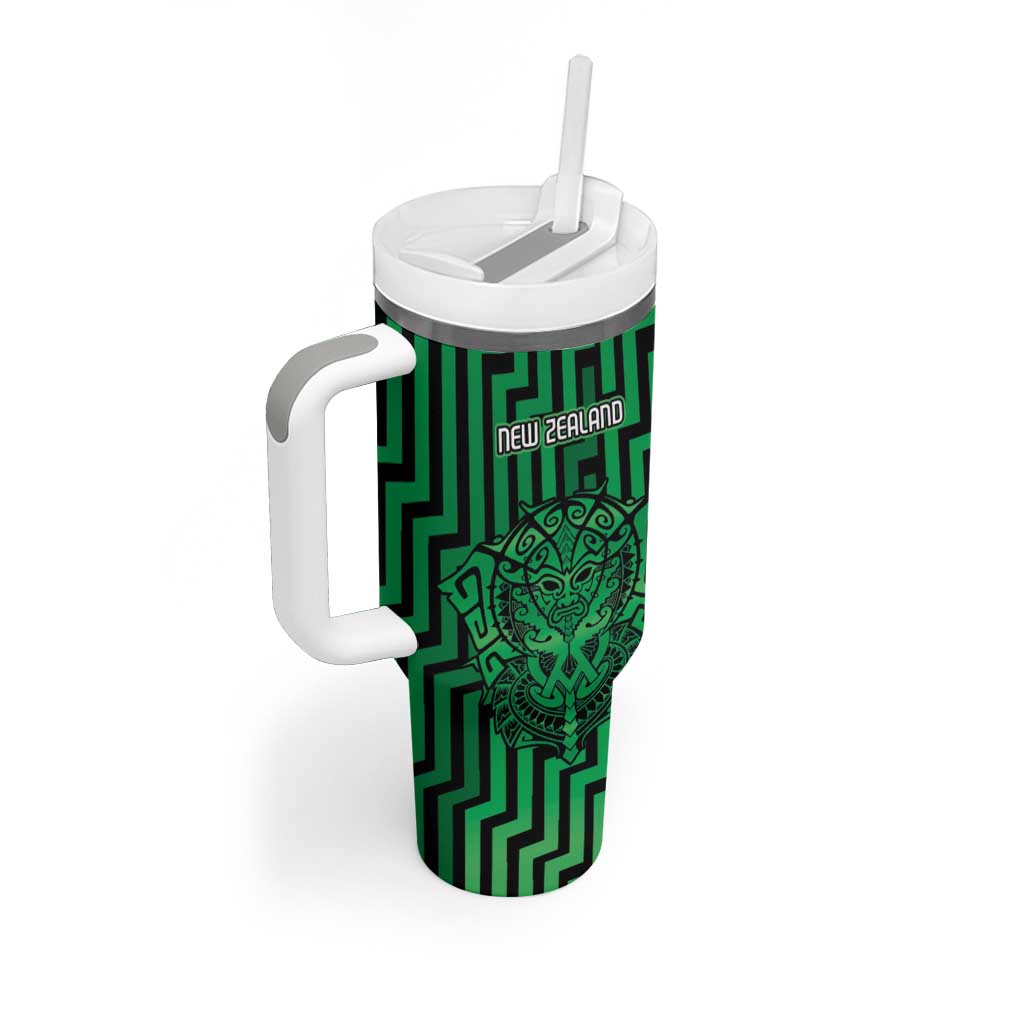 Custom Basketball New Zealand Tumbler With Handle Green Maori Ta Moko Indigenous - Aussie Hoodie