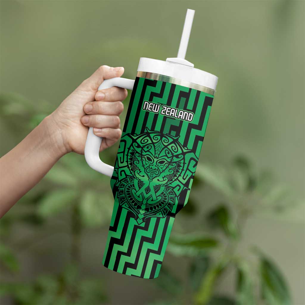 Custom Basketball New Zealand Tumbler With Handle Green Maori Ta Moko Indigenous - Aussie Hoodie