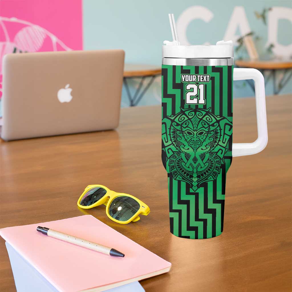 Custom Basketball New Zealand Tumbler With Handle Green Maori Ta Moko Indigenous - Aussie Hoodie