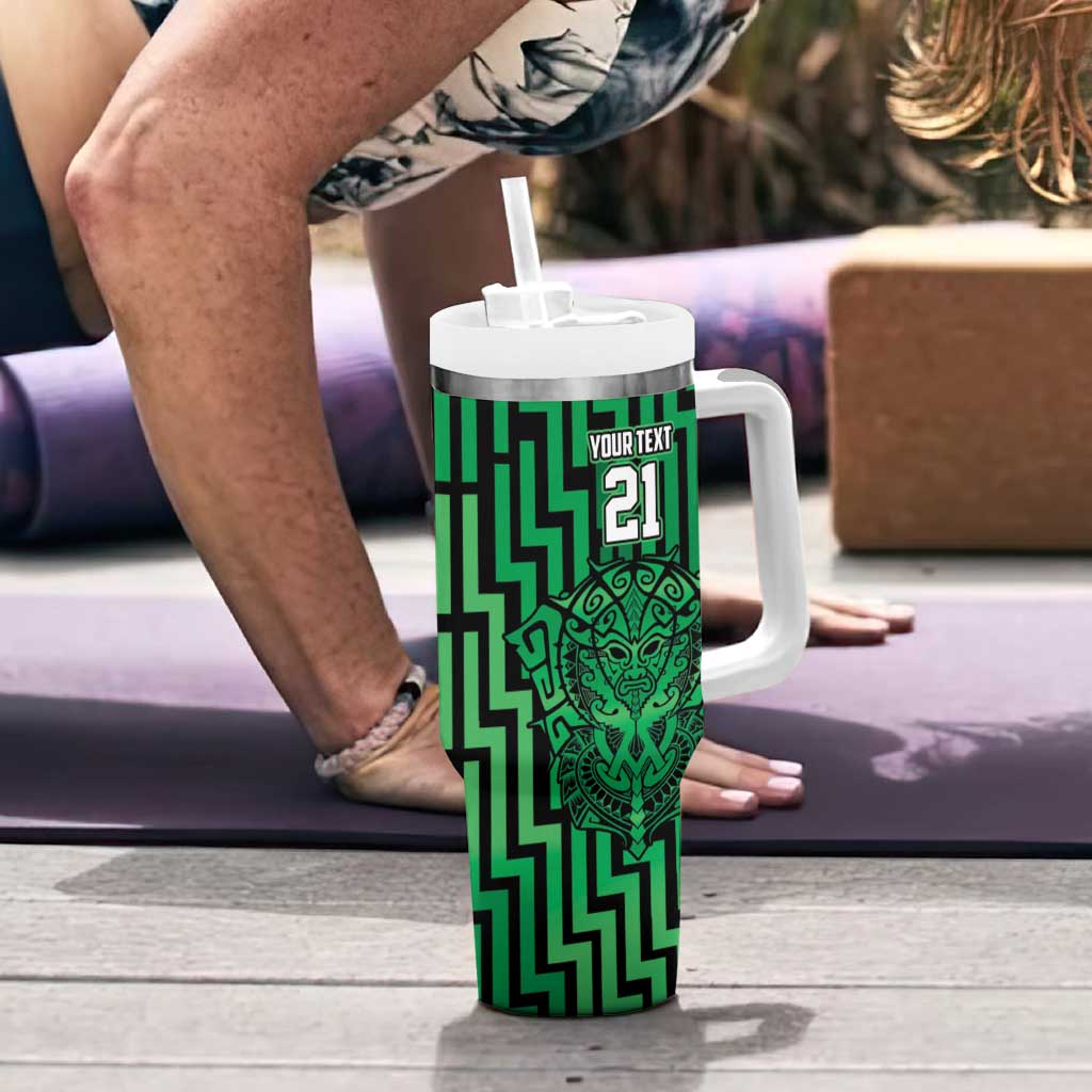 Custom Basketball New Zealand Tumbler With Handle Green Maori Ta Moko Indigenous - Aussie Hoodie