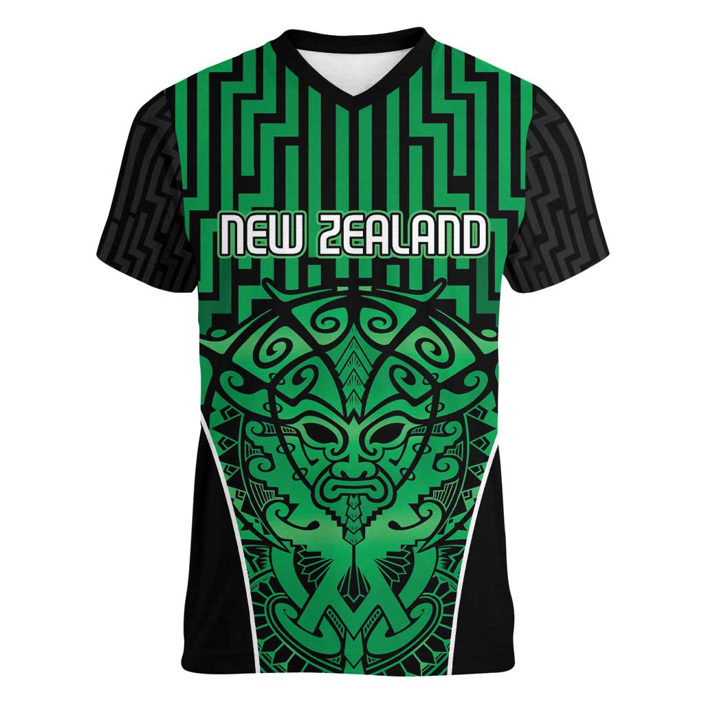Custom Basketball New Zealand Women V-Neck T-Shirt Green Maori Ta Moko Indigenous - Aussie Hoodie