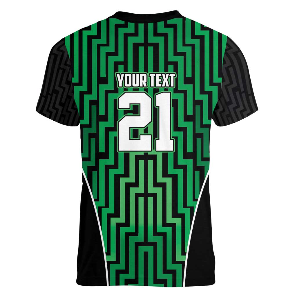 Custom Basketball New Zealand Women V-Neck T-Shirt Green Maori Ta Moko Indigenous - Aussie Hoodie