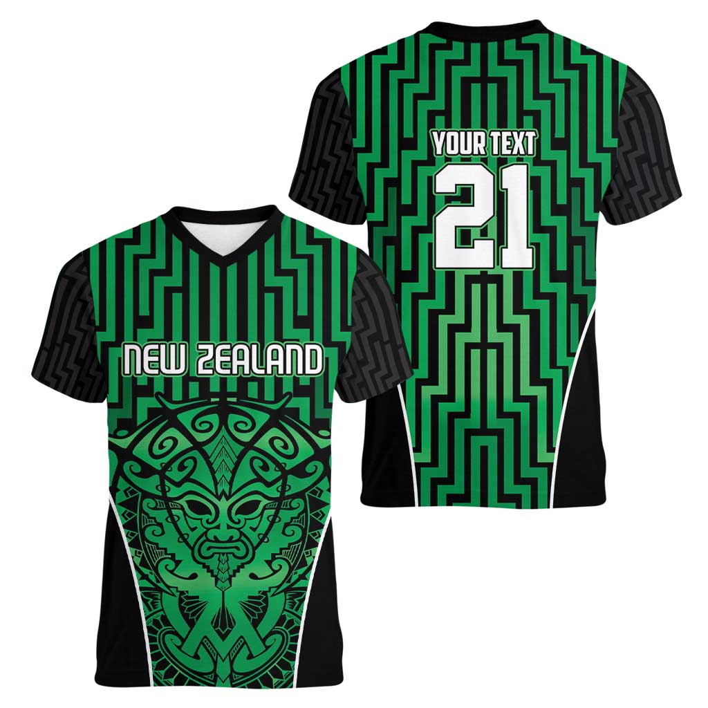 Custom Basketball New Zealand Women V-Neck T-Shirt Green Maori Ta Moko Indigenous - Aussie Hoodie