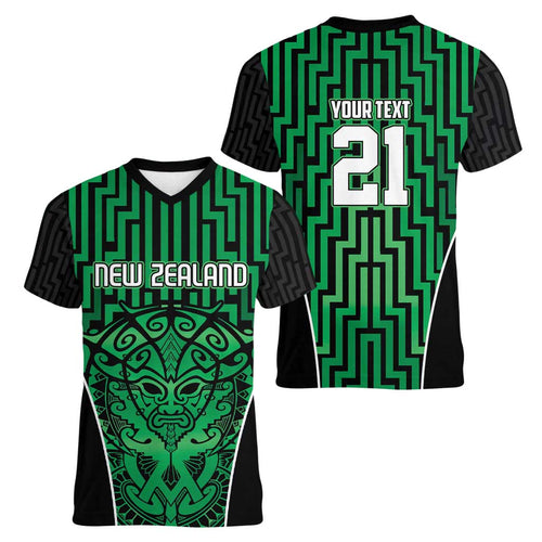 Custom Basketball New Zealand Women V-Neck T-Shirt Green Maori Ta Moko Indigenous - Aussie Hoodie