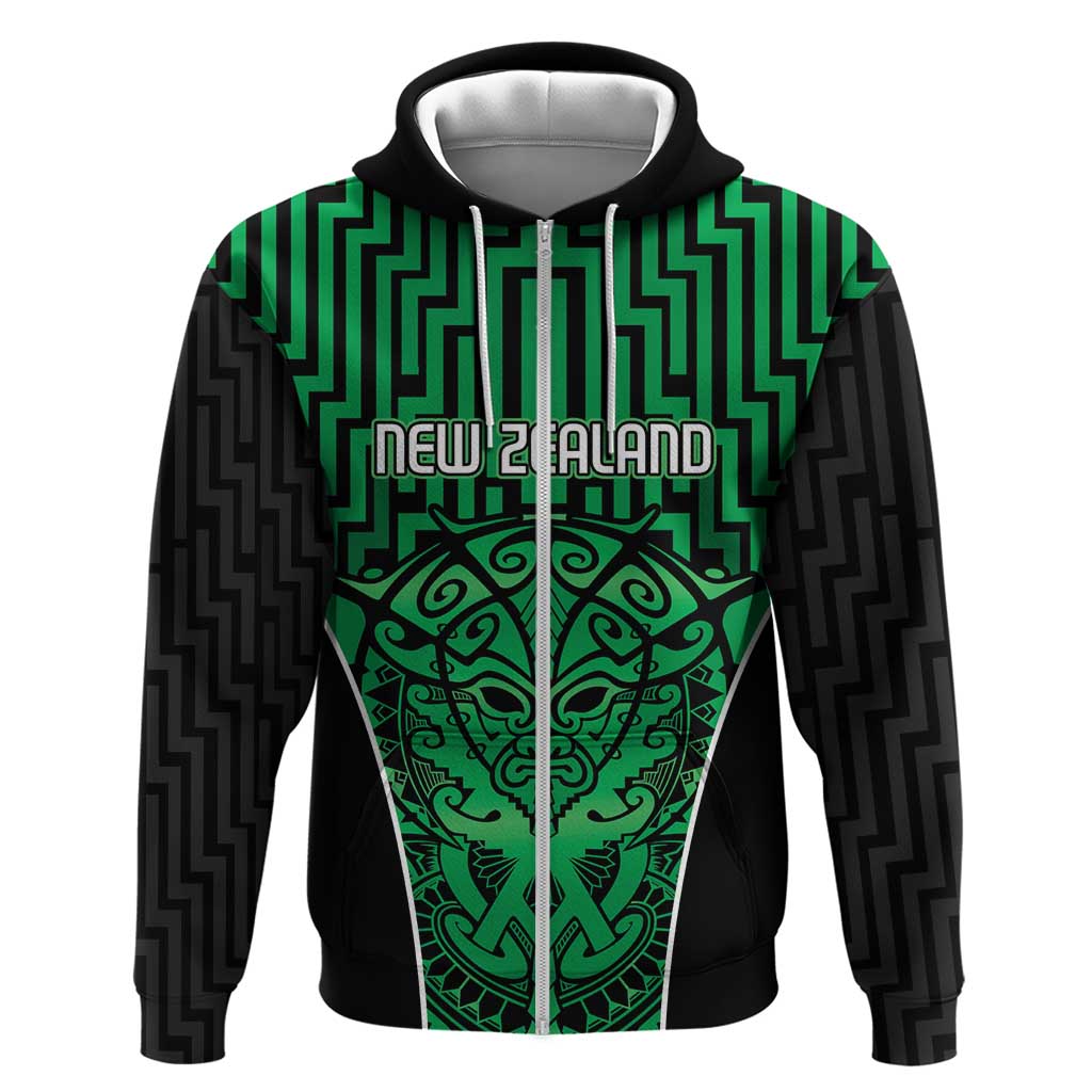 Custom Basketball New Zealand Zip Hoodie Green Maori Ta Moko Indigenous - Aussie Hoodie