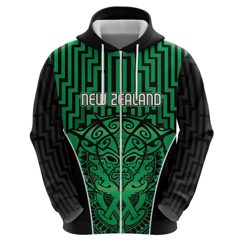 Custom Basketball New Zealand Zip Hoodie Green Maori Ta Moko Indigenous - Aussie Hoodie